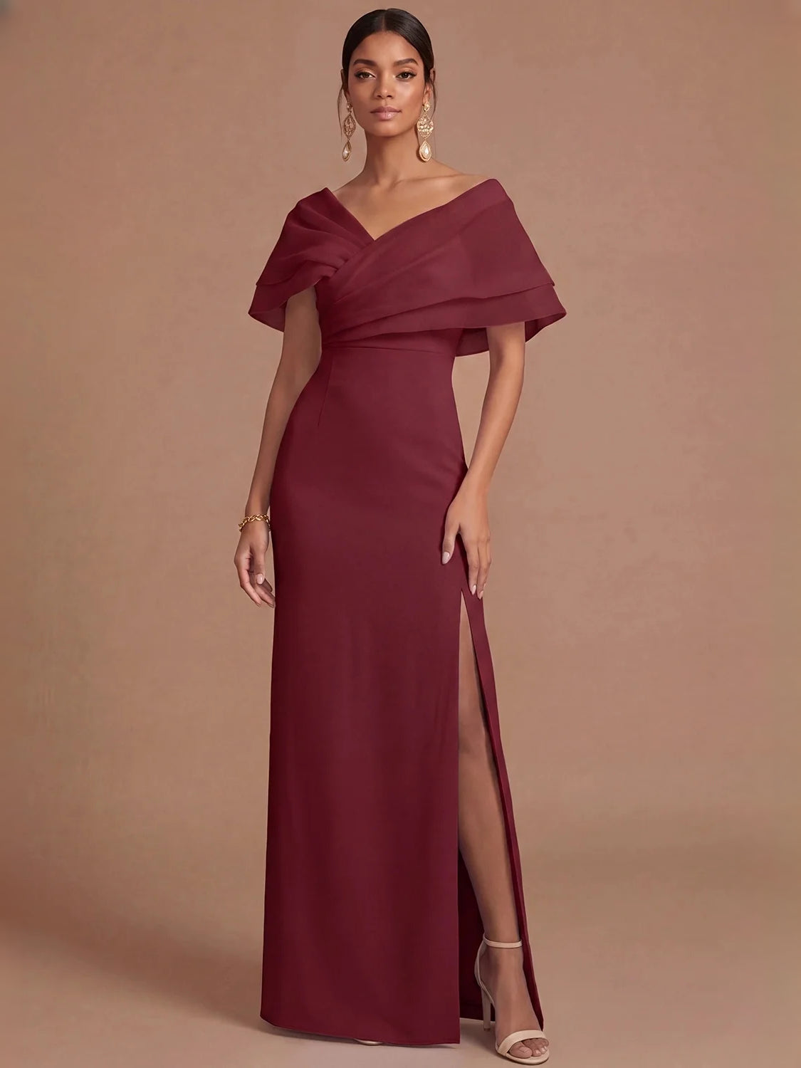 Side-Slit Back-Slit Ruffled Slit V Neck Sheath Maxi Organza Bridesmaid Dress for Formal Wedding
