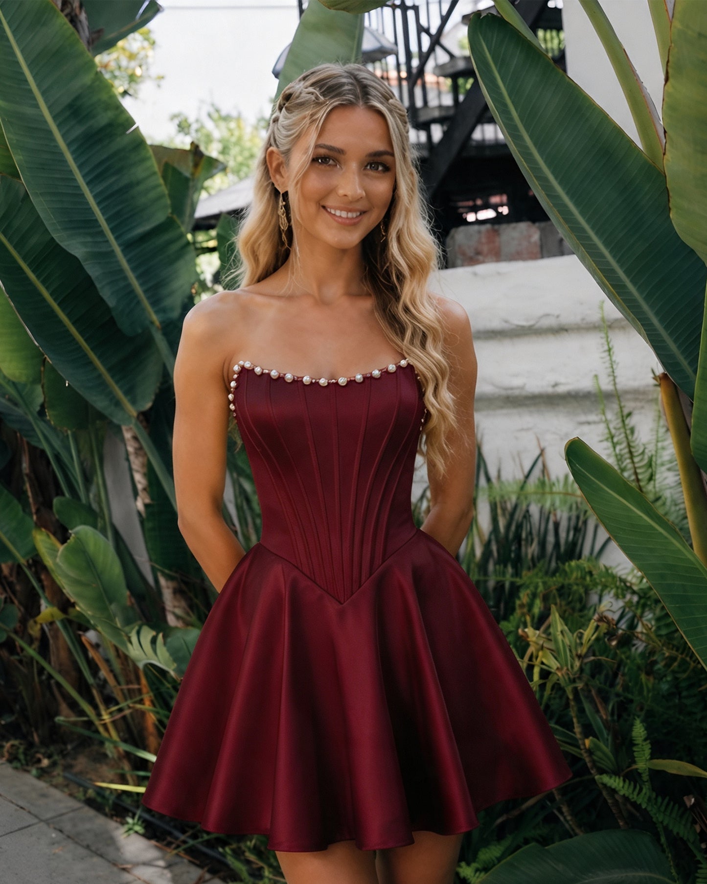 Strapless Pearl Trim Satin Corset Homecoming Dress