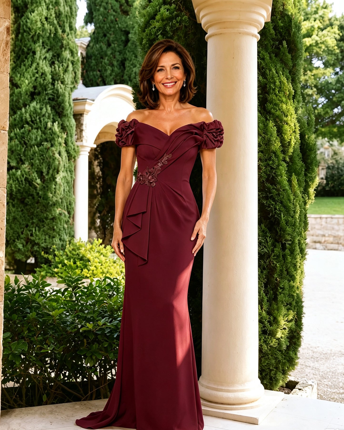 Off-Shoulder Rosette Sleeve Mother of the Bride Dress with Ruffle Drape