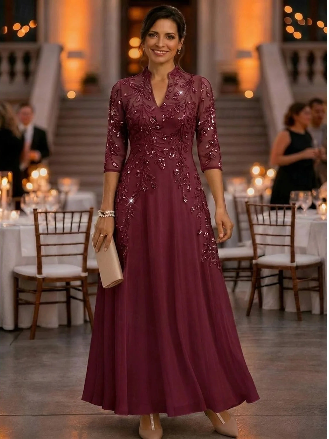 Embroidered Sequin High Neck A-Line Floor-Length Chiffon Mother of the Bride Dress for Evening Wedding