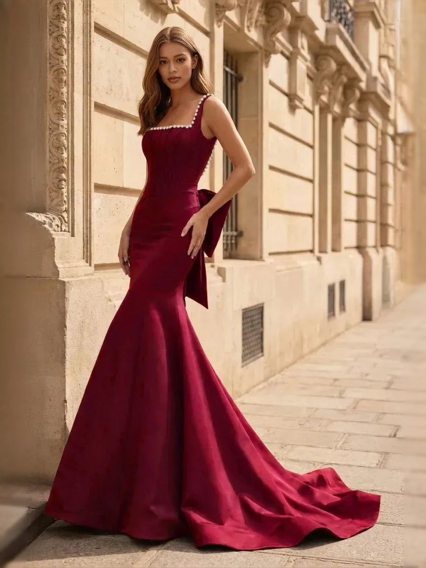 Corset Bow Square Neck Mermaid Floor-Length Satin Prom Dress for Special Occasion