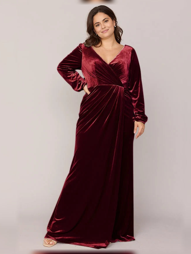 Slit V Neck Wrap Floor-Length Velvet Bridesmaid Dress for Wedding Reception