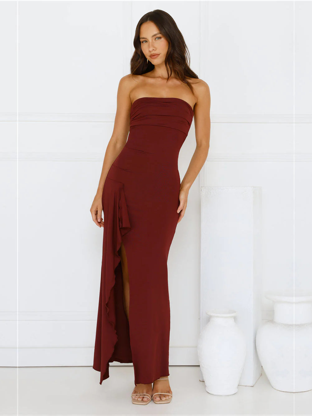 Burgundy Strapless Slit Sheath Maxi Formal Dress