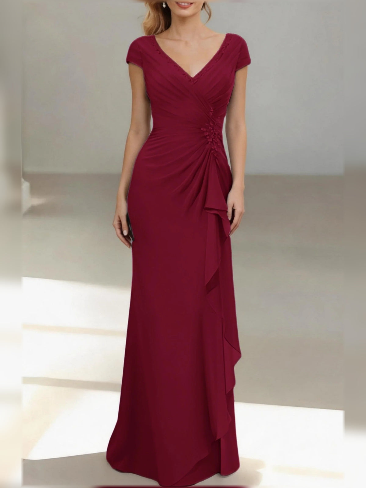 Ruched Draped Ruffled V Neck Mermaid Floor-Length Mother of the Bride Dress for Formal Ceremony
