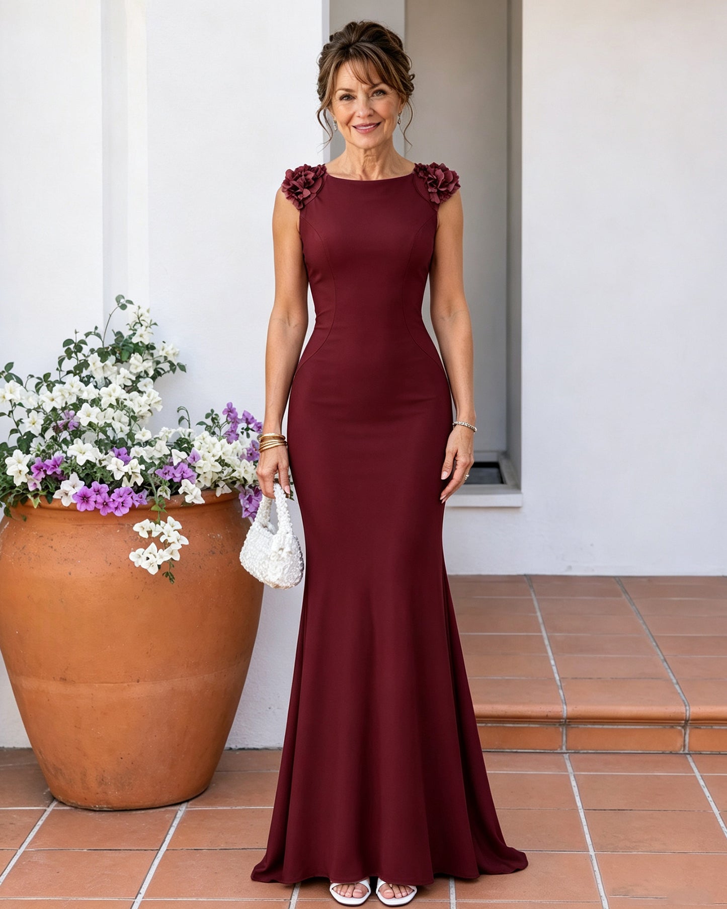 Floral Shoulder Mermaid Mother of the Bride Dress with Cowl Back