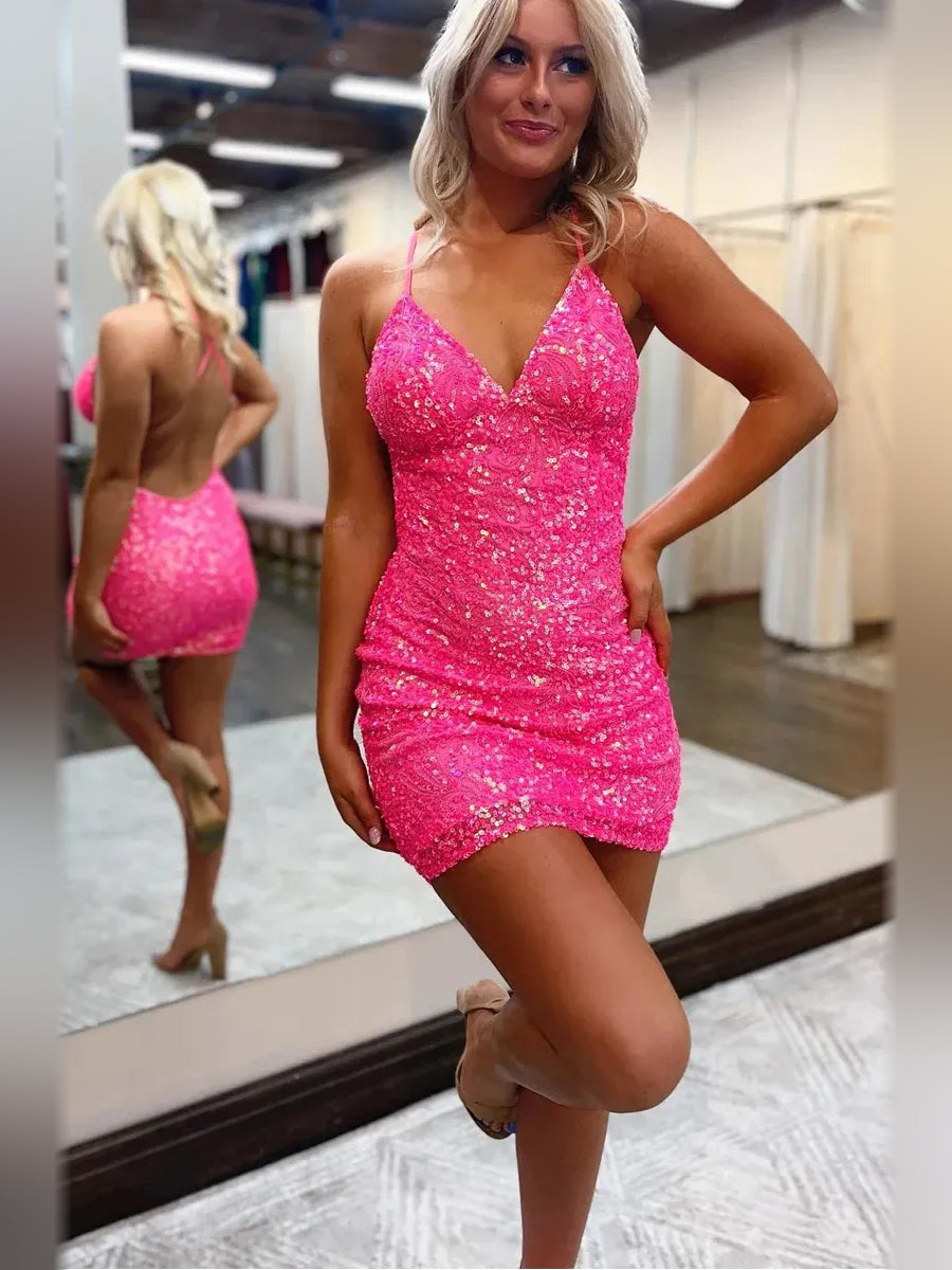 Sequin Floral V Neck Bodycon Mini Homecoming Dress for Evening Wedding
