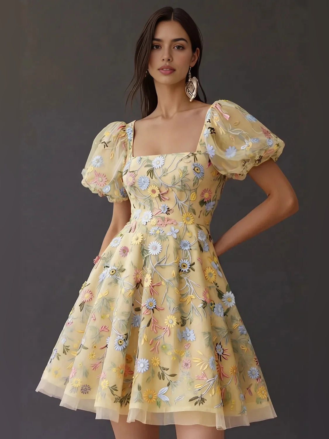 Embroidered Floral Square Neck A-Line Short Tulle Homecoming Dress for Formal Dance