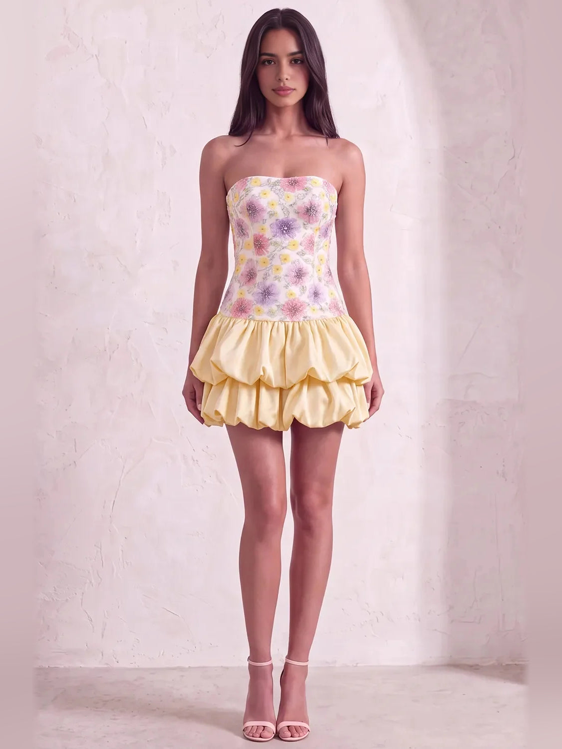 Flower-Applique Floral Strapless A-Line Mini Homecoming Dress for Dinner Party