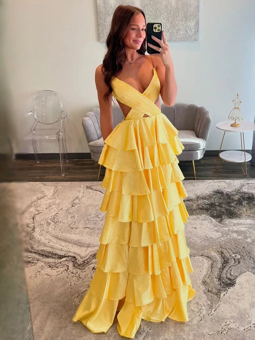 Yellow Draped Cut-Out Ruffled Backless V Neck A-Line Maxi Satin Prom Dress for Formal Reception