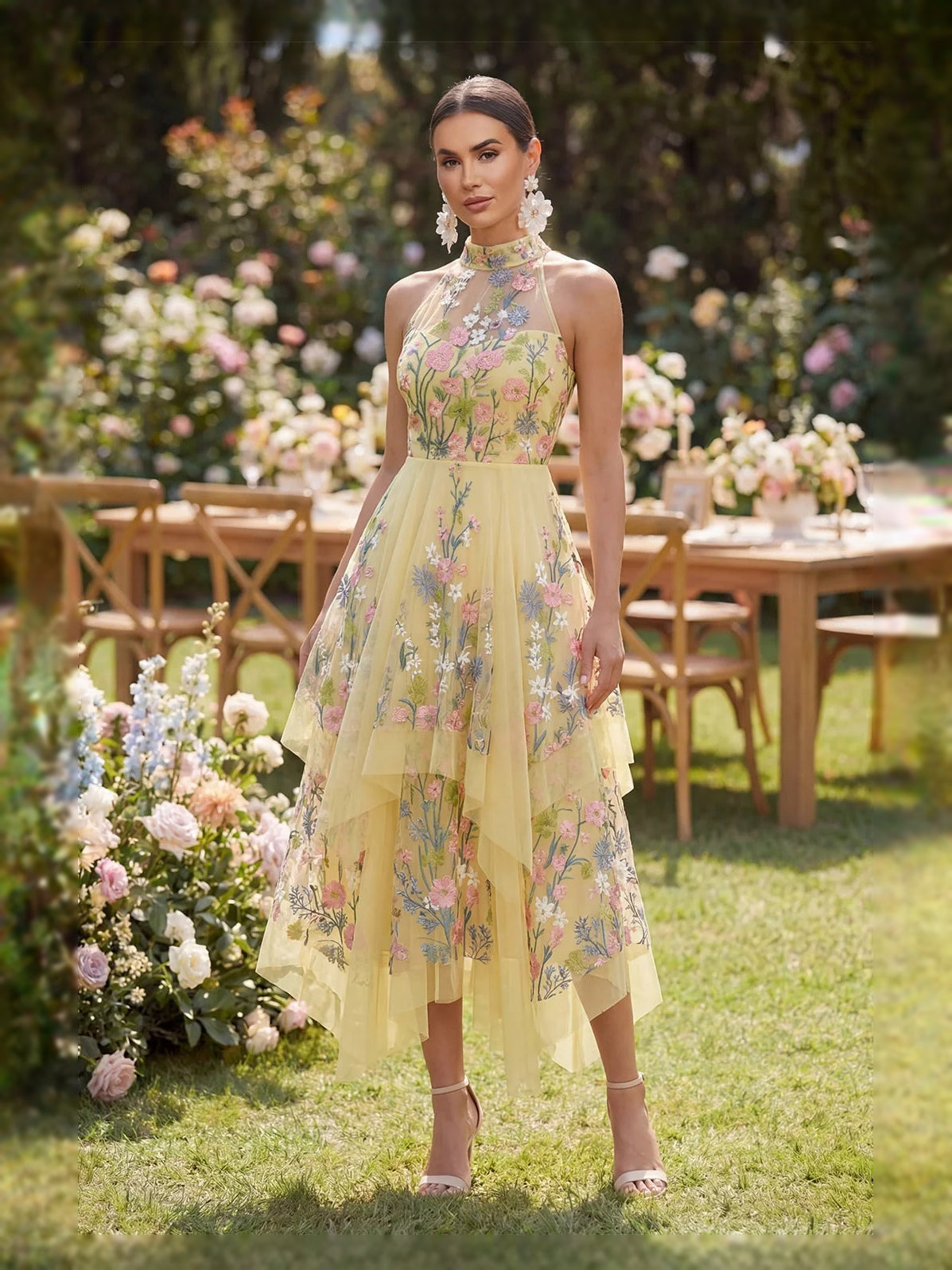 Yellow Embroidered Floral Halter Neck A-Line Midi Tulle Prom Dress for Red Carpet Event