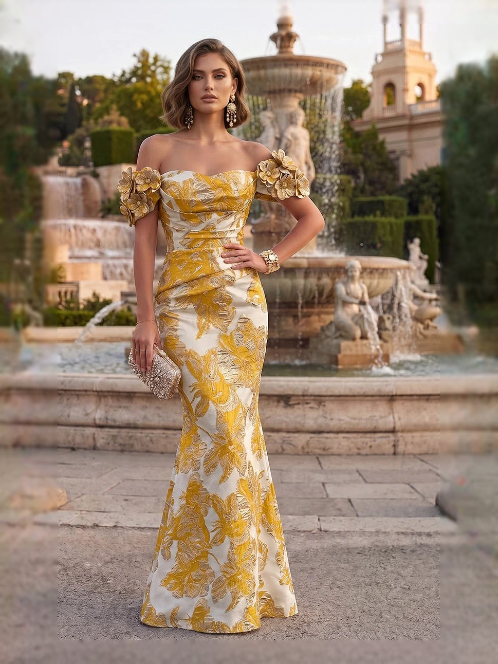 Ruched Flower-Applique Floral Off Shoulder Mermaid Floor-Length Mother of the Bride Dress for Bridal Luncheon