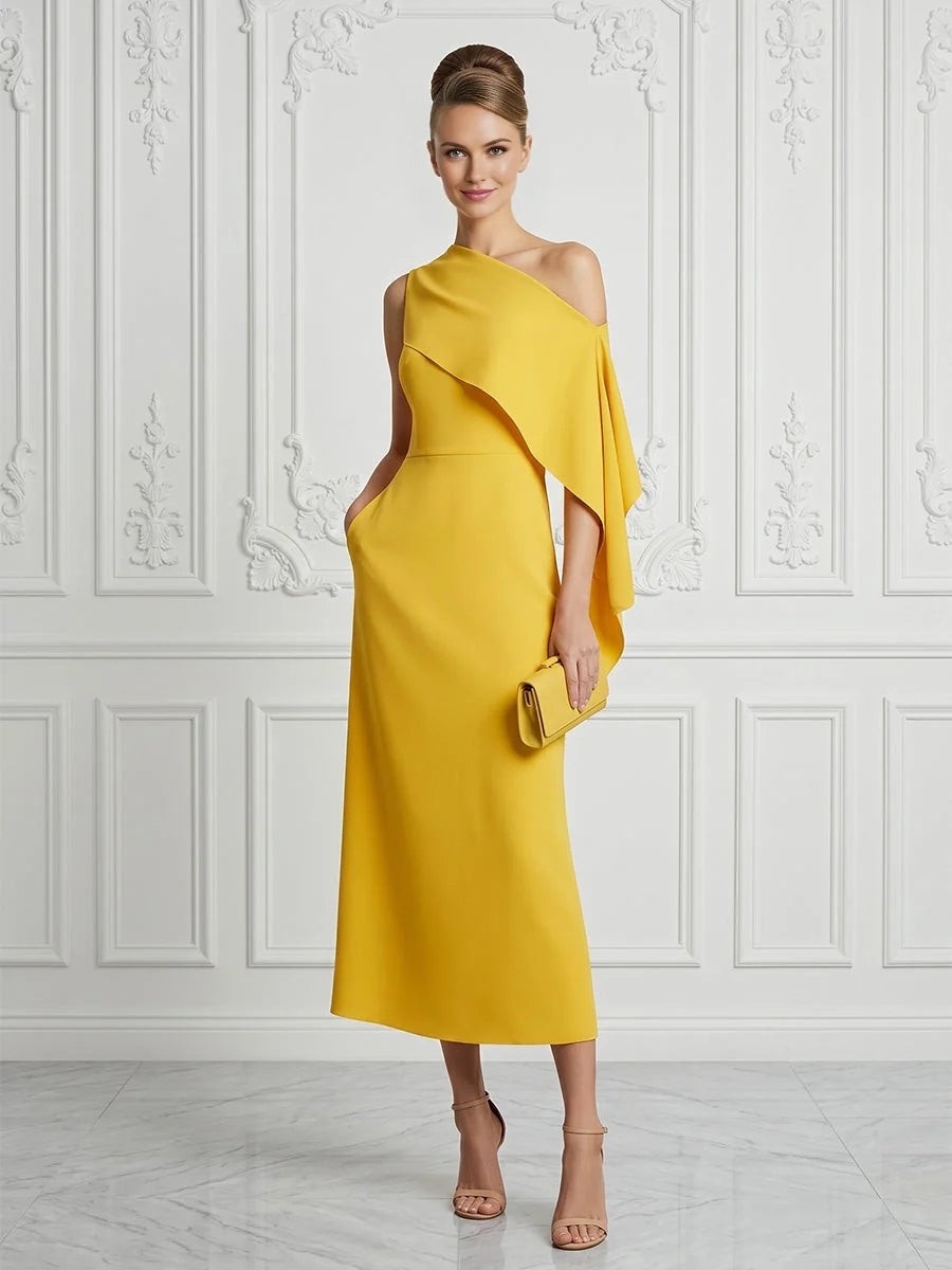 Draped One Shoulder Sheath Midi Crepe Mother of the Bride Dress for Wedding Ceremony
