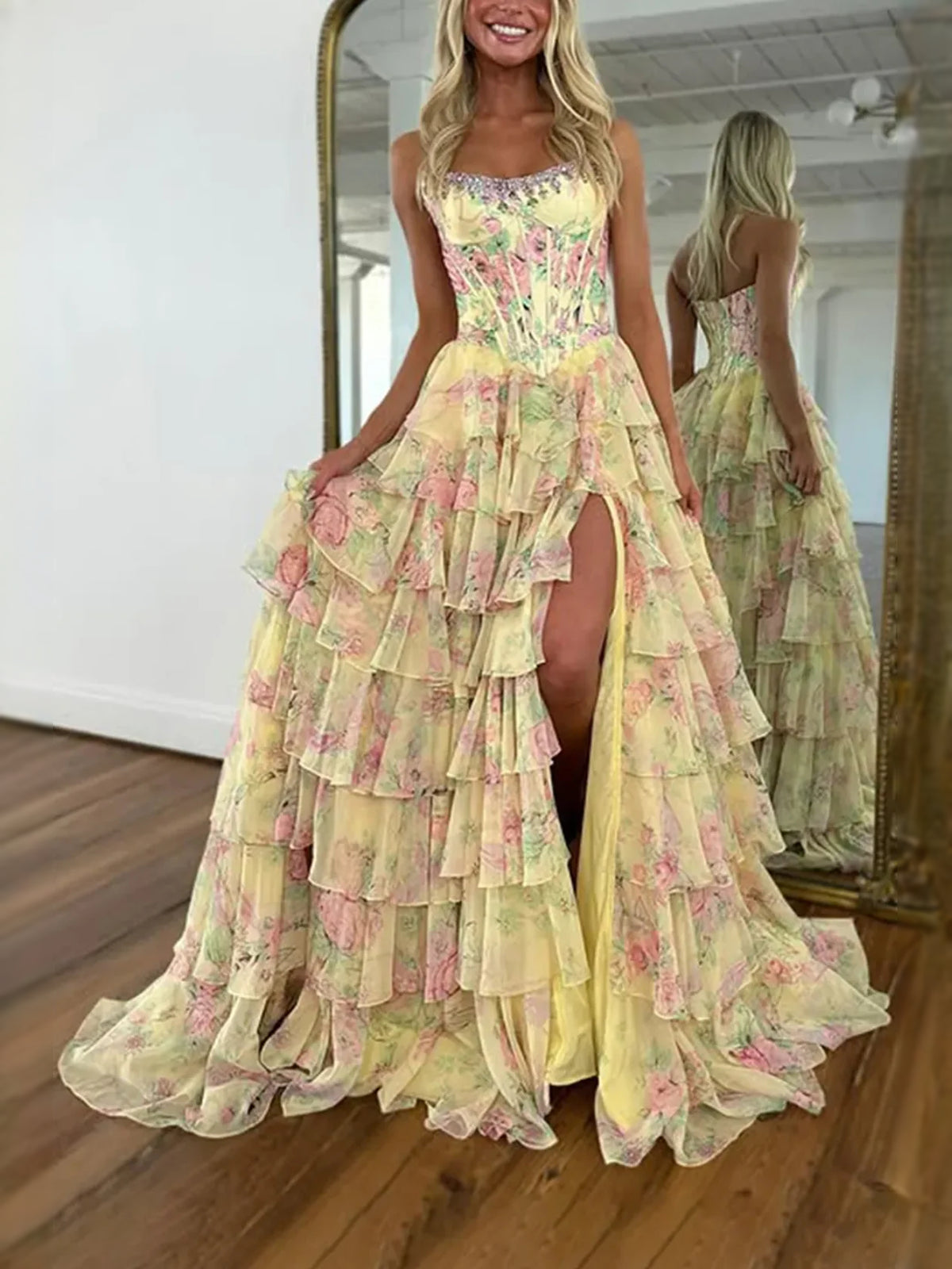 Corset Tiered Floral Ruffled Slit Strapless A-Line Floor-Length Tulle Prom Dress for Formal Reception