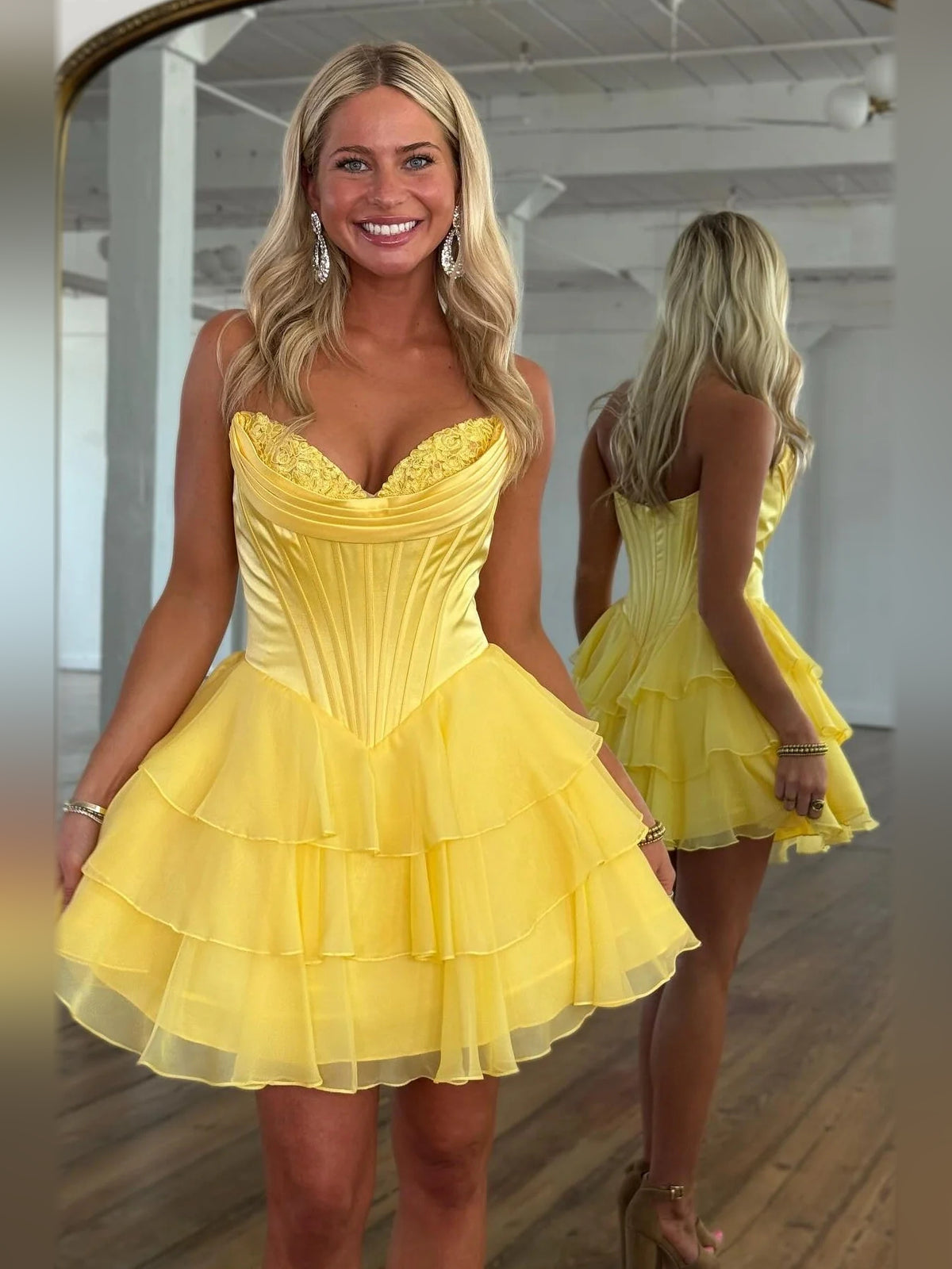 Ruched Corset Floral Ruffled Sweetheart A-Line Mini Stretch Satin Homecoming Dress for Banquet