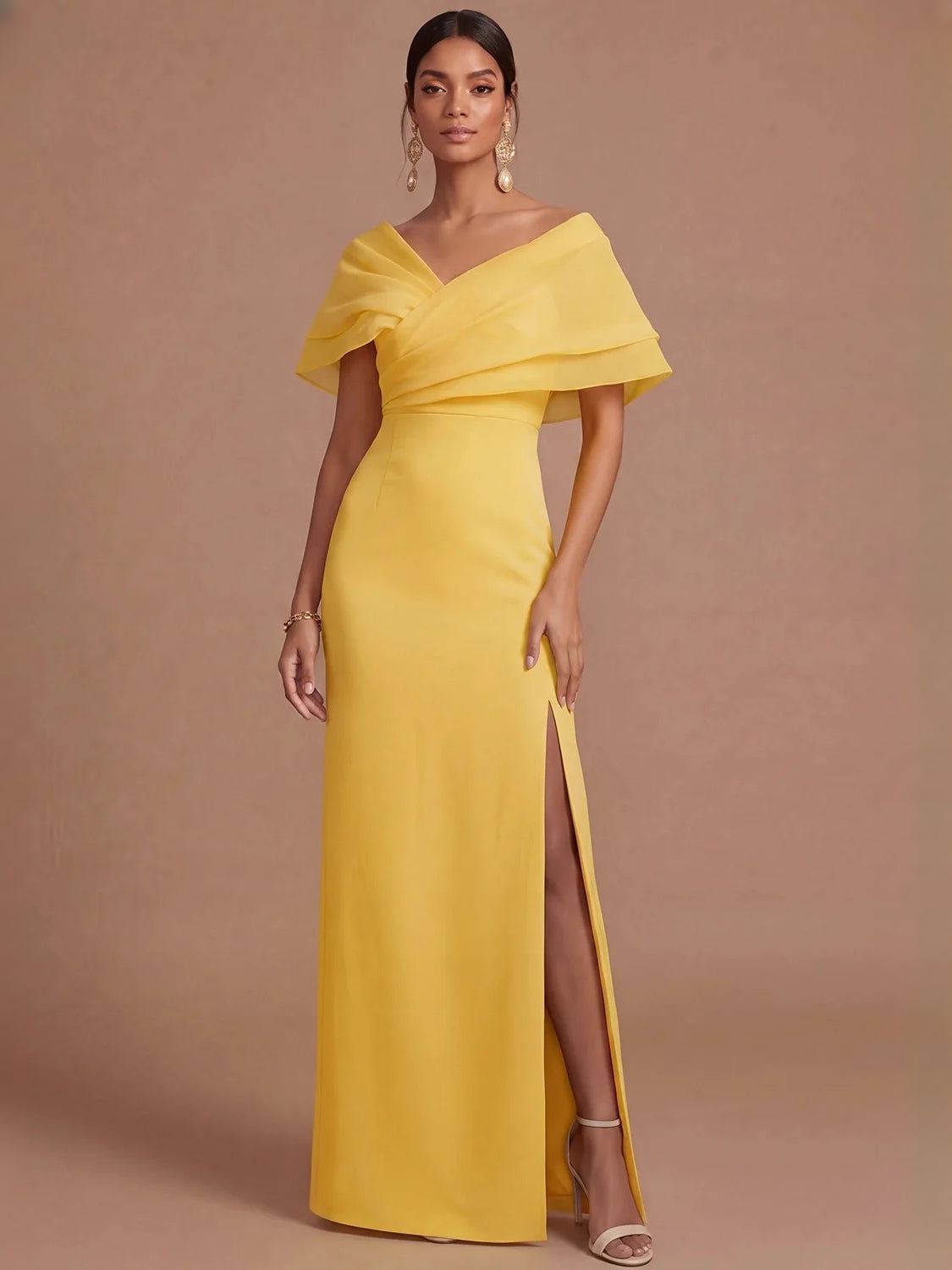 Side-Slit Back-Slit Ruffled Slit V Neck Sheath Maxi Organza Bridesmaid Dress for Formal Wedding