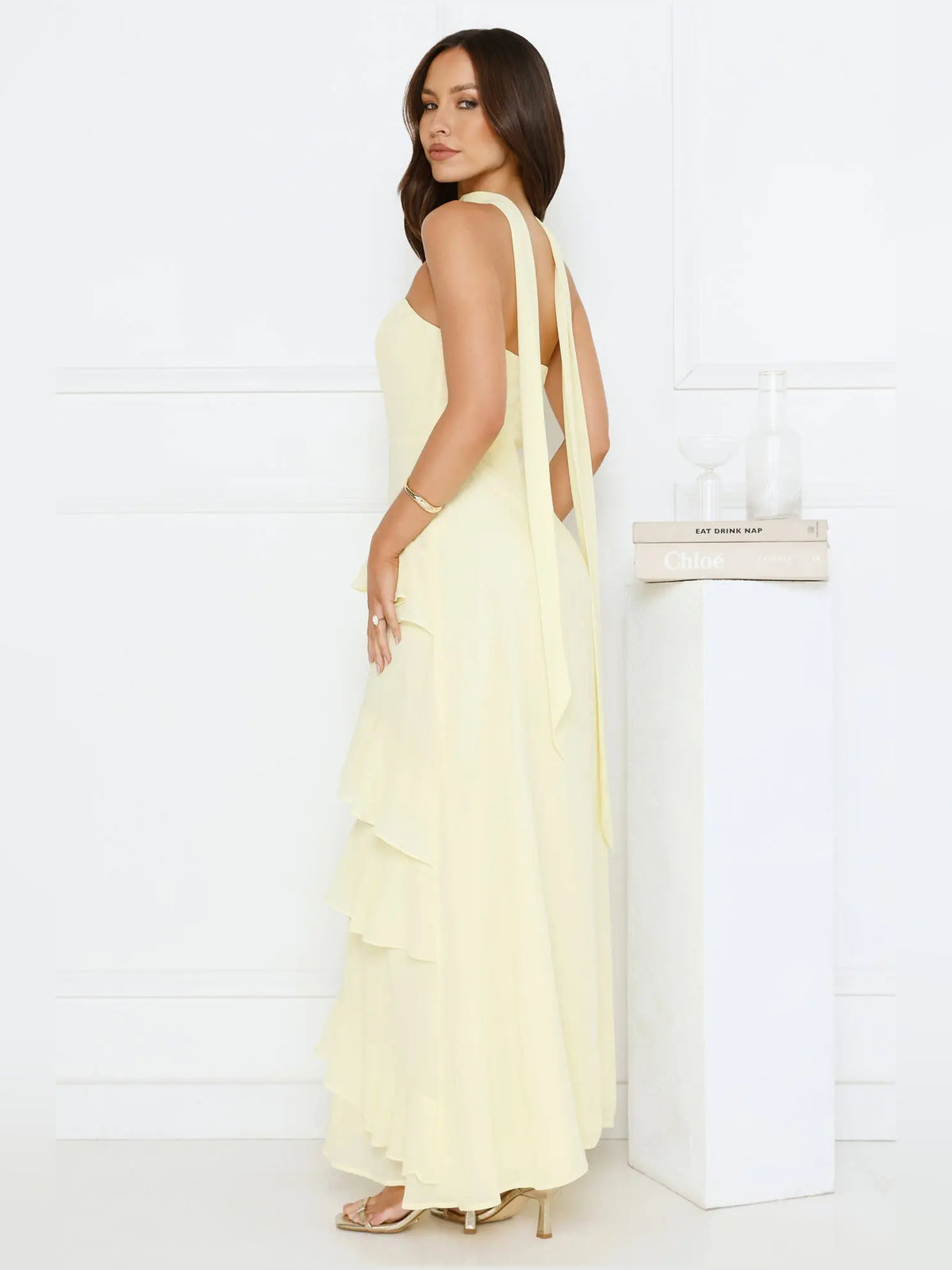 Yellow Strapless Tiered A-Line Maxi Formal Dress