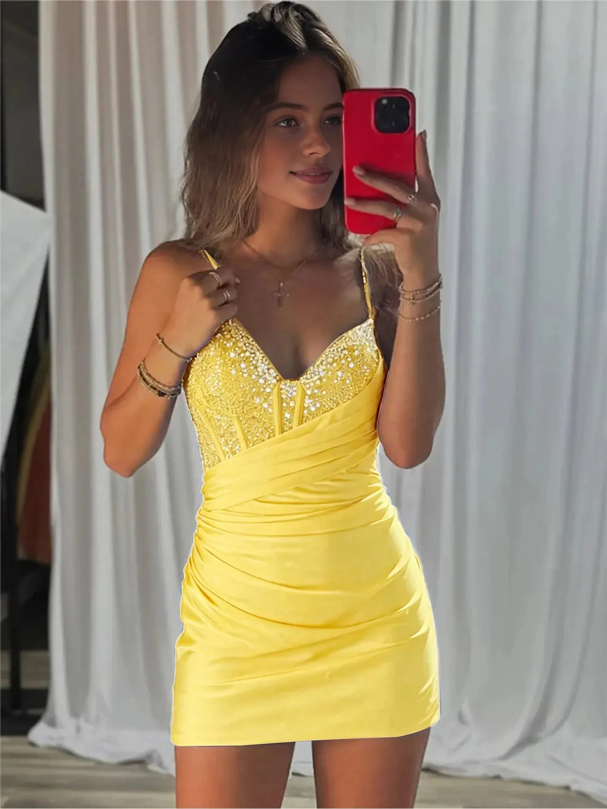 Ruched Corset V Neck Sheath Mini Satin Homecoming Dress for Theater Night