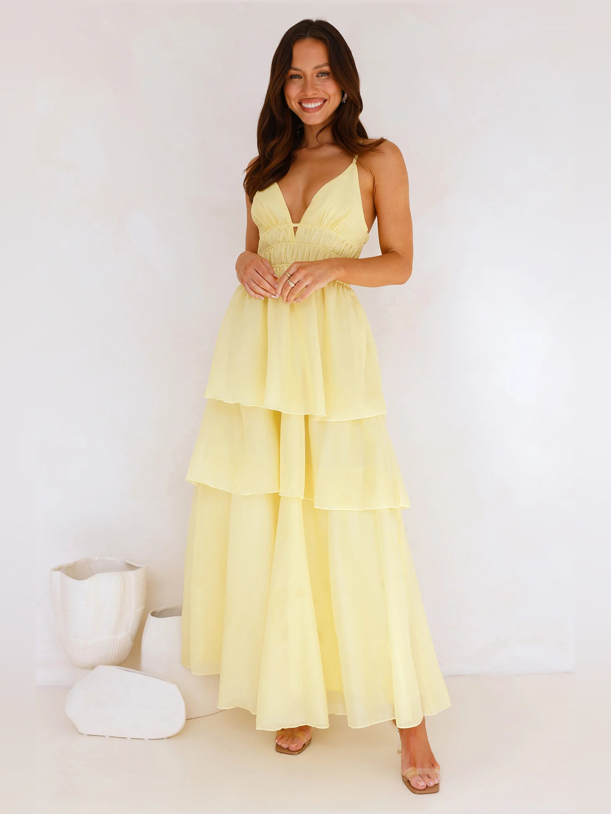Yellow V Neck Tiered Cutout Maxi Formal Dress