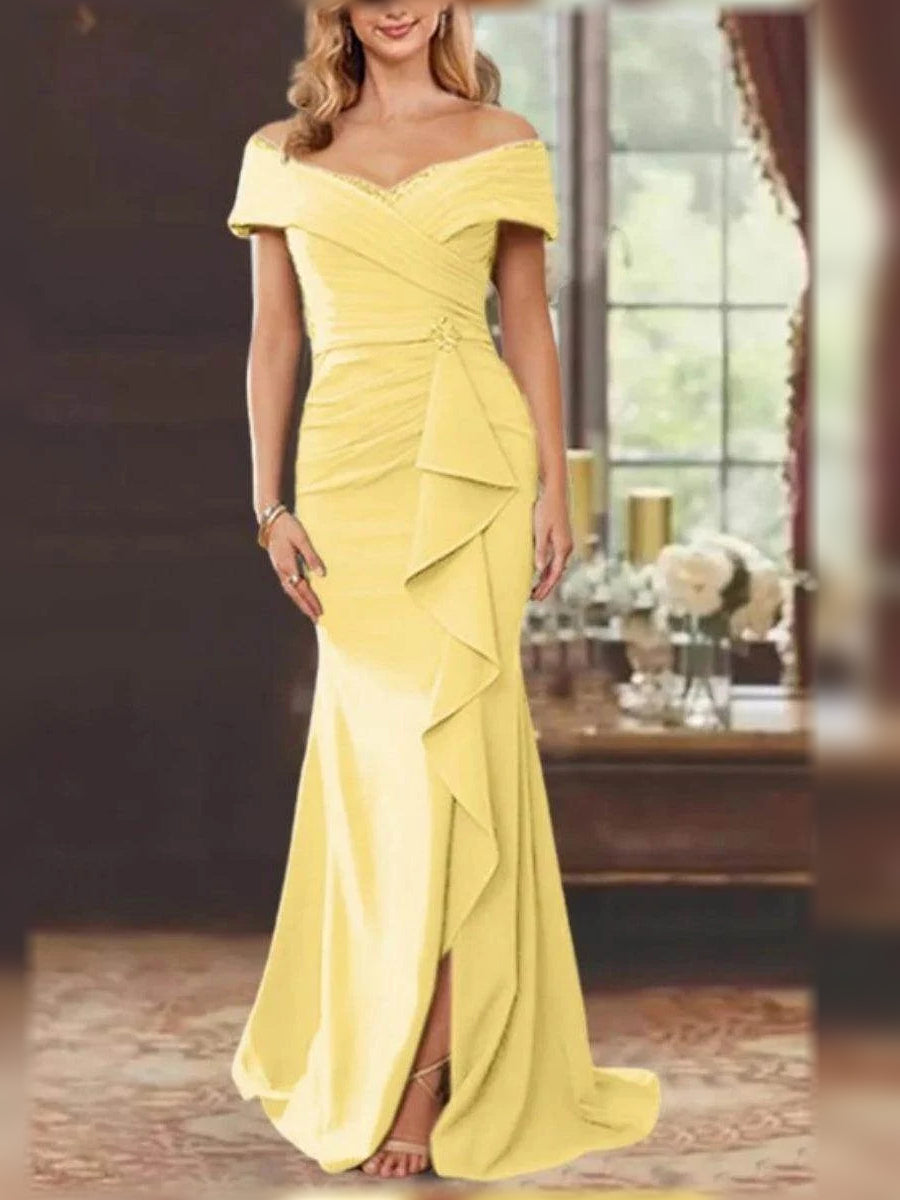Ruched Draped Ruffled Slit Off Shoulder Mermaid Floor-Length Mother of the Bride Dress for Wedding Weekend
