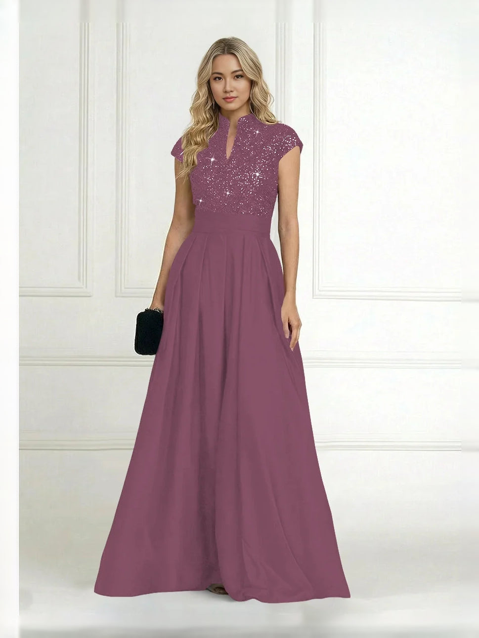 Pleated Sequin High Neck A-Line Floor-Length Satin Mother of the Bride Dress for Ceremony Dinner