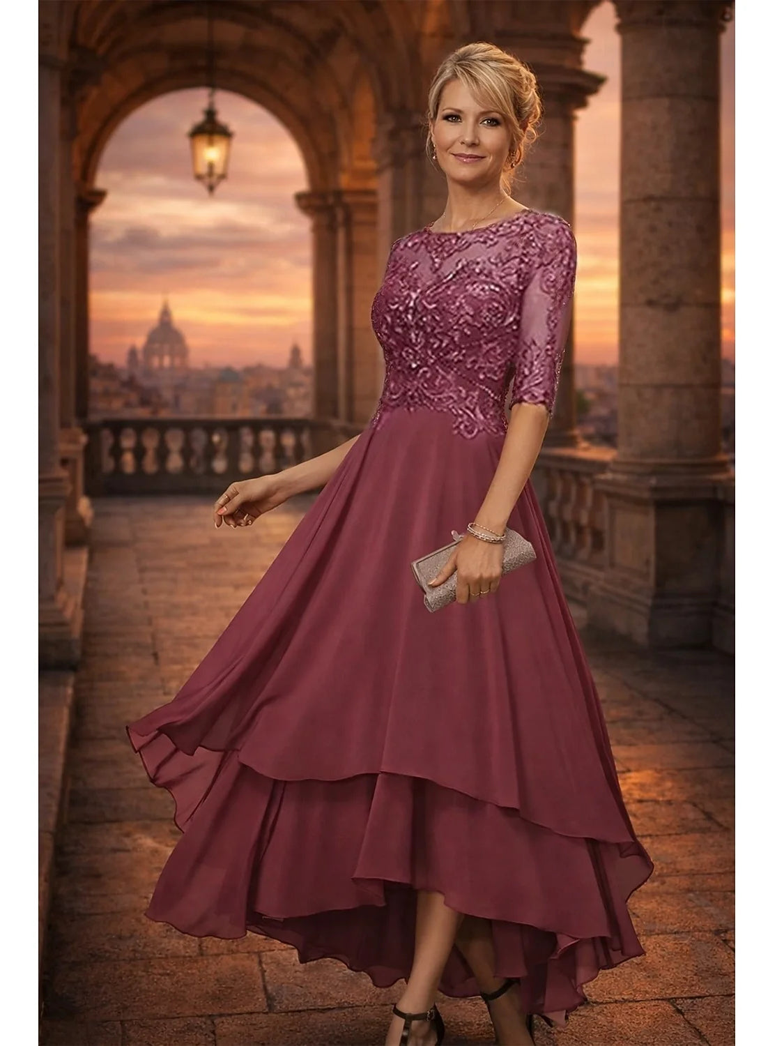 Layered Embroidered Floral A-Line High-Low Chiffon Mother of the Bride Dress for Ballroom Reception
