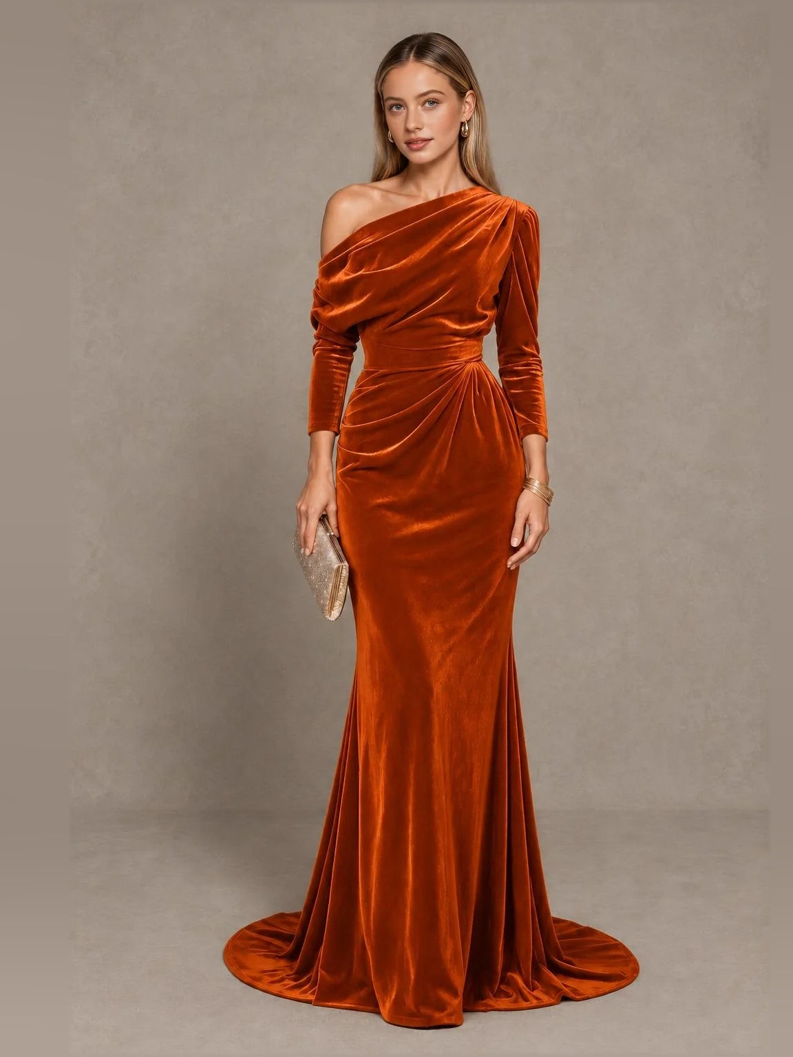 Draped One Shoulder Mermaid Floor-Length Velvet Bridesmaid Dress for Bridal Party