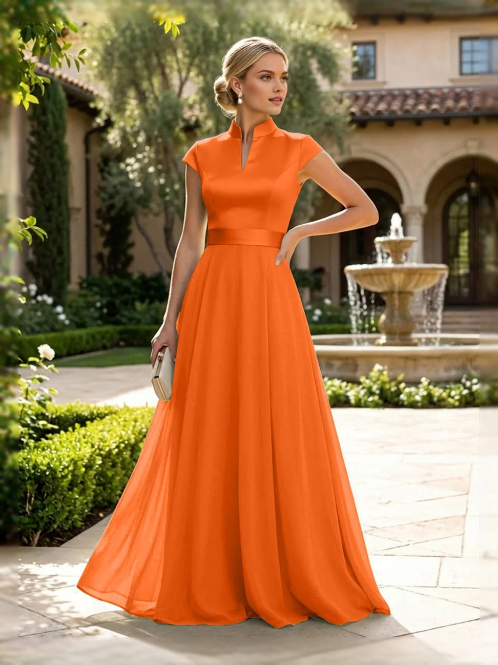 Slit High Neck A-Line Floor-Length Satin Mother of the Bride Dress for Bridal Luncheon