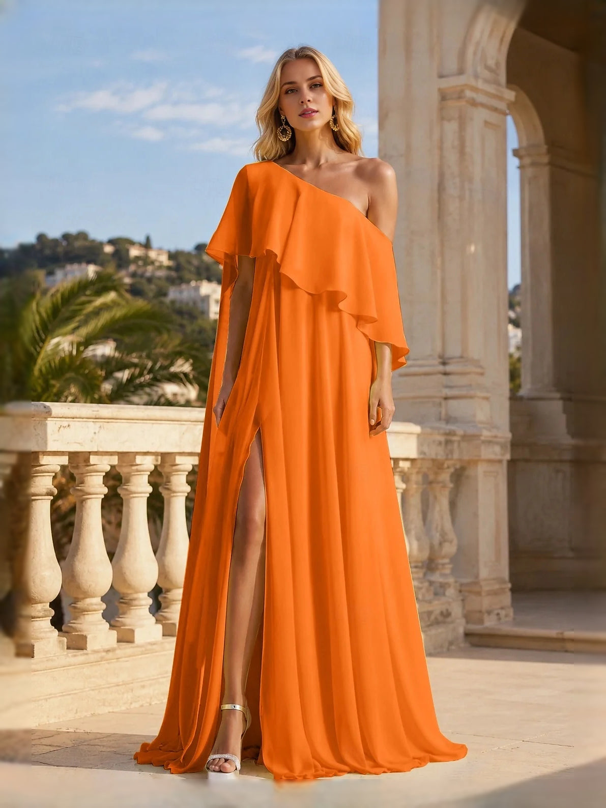 Draped Side-Slit Ruffled Slit One Shoulder A-Line Maxi Chiffon Prom Dress for Evening Banquet