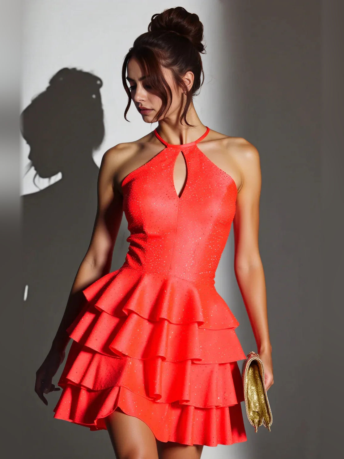 Cut-Out Tiered Ruffled Halter Neck Fit-and-Flare Mini Homecoming Dress for Gala Dinner