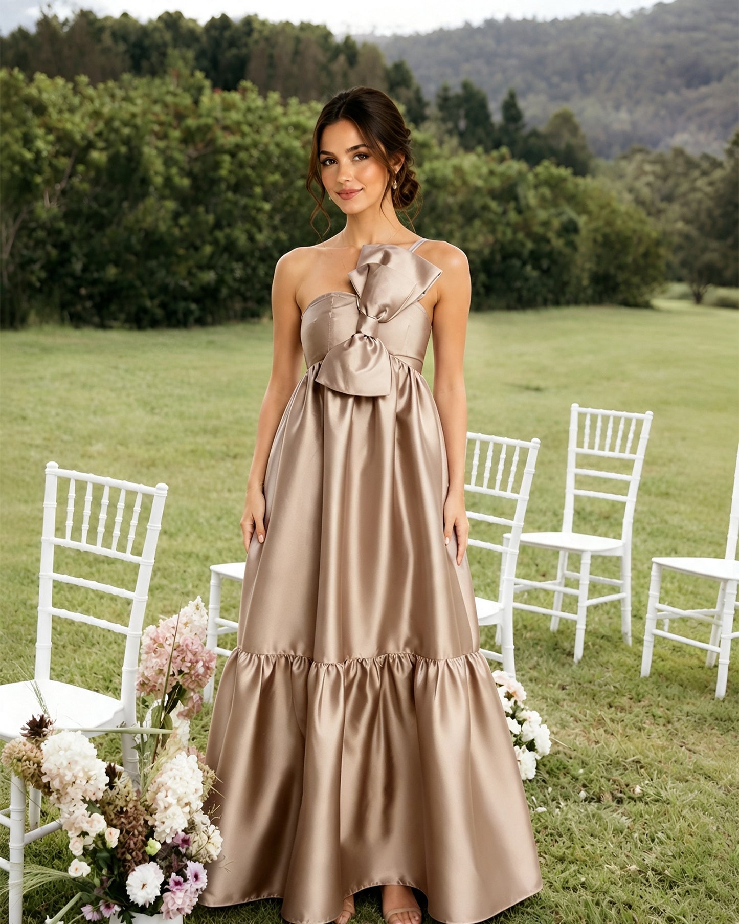One-Shoulder Satin A-Line Bridesmaid Dress with Statement Ruffle