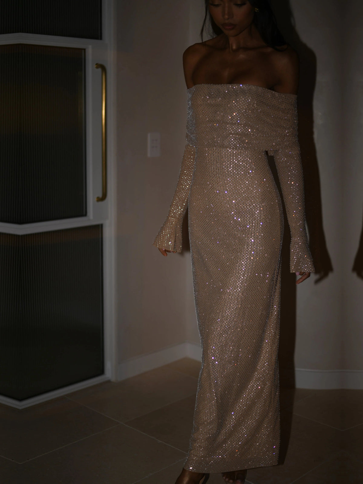 Nude Off-The-Shoulder Long Sleeves Sheath Maxi Formal Dress