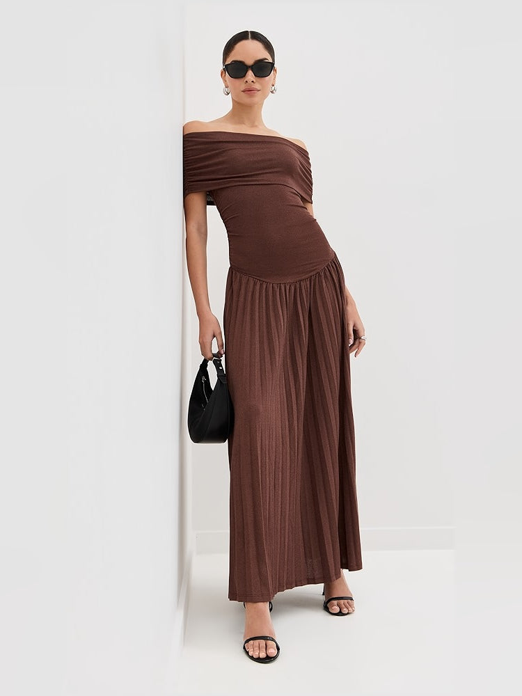 Brown Off-The-Shoulder Ruching A-Line Maxi Formal Dress