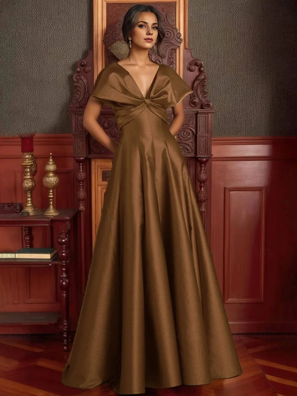 V Neck A-Line Floor-Length Satin Prom Dress for Spring Formal