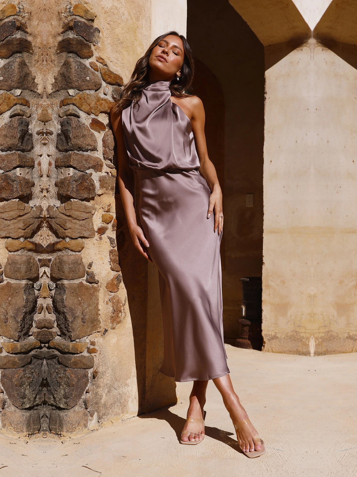 Brown Halter Neck Sheath Maxi Formal Dress