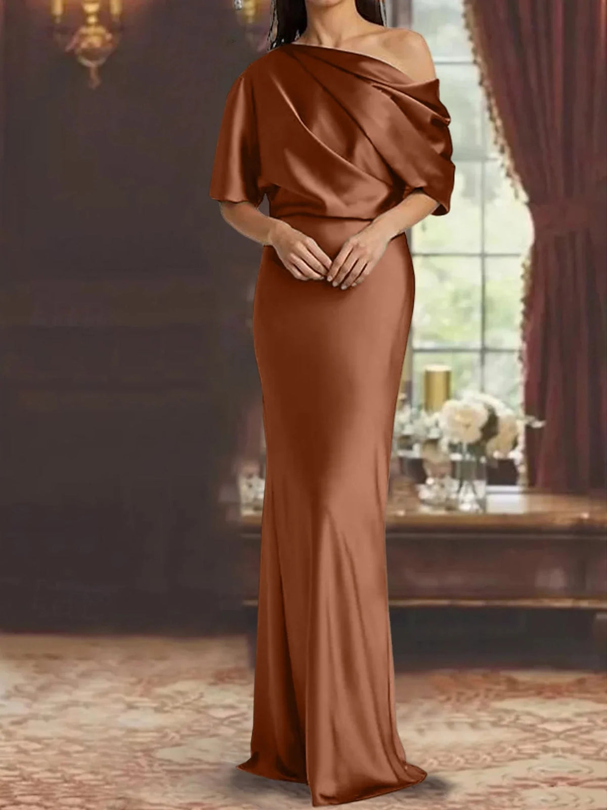 Draped One Shoulder Mermaid Floor-Length Satin Mother of the Bride Dress for Seaside Wedding