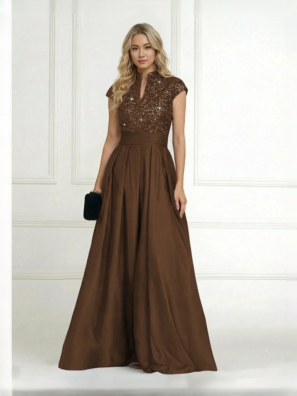 Pleated Sequin High Neck A-Line Floor-Length Satin Mother of the Bride Dress for Ceremony Dinner