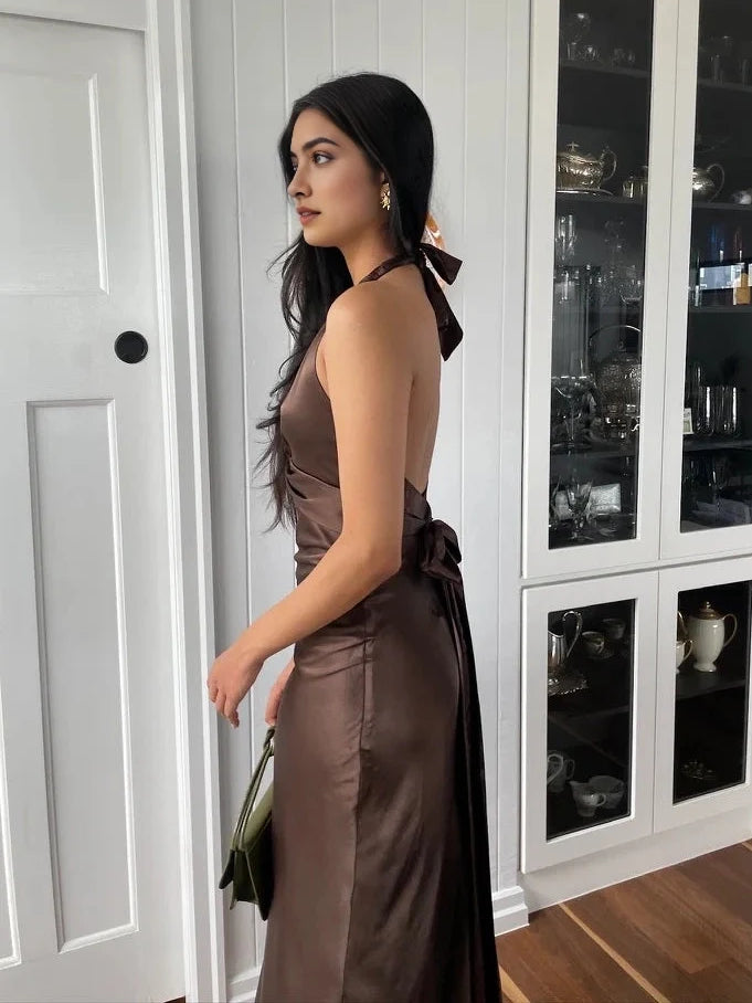 Bow V Neck Sheath Floor-Length Satin Bridesmaid Dress for Garden Wedding