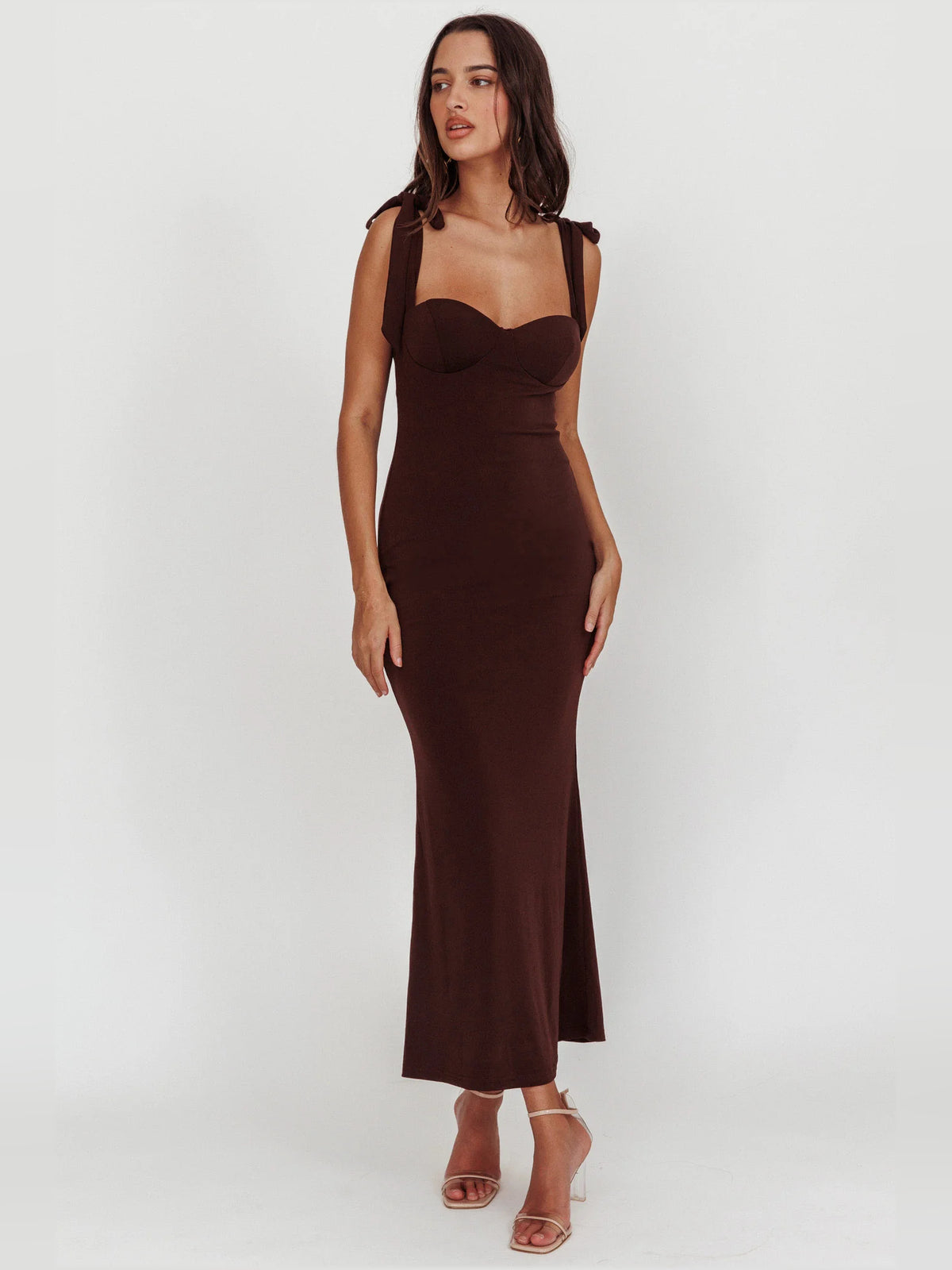 Brown Sweetheart Spaghetti Strap Sheath Midi Formal Dress