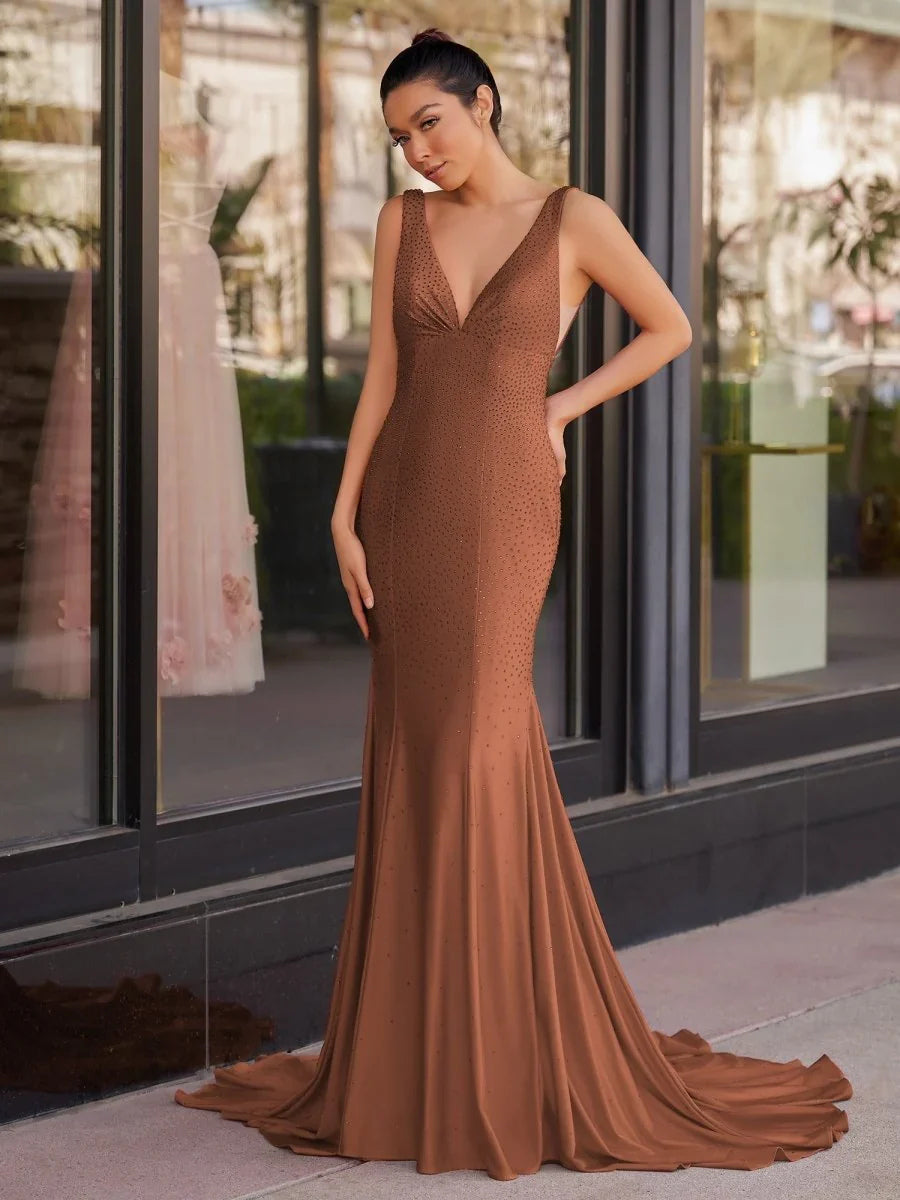 Beaded V Neck Mermaid Maxi Prom Dress for Evening Event