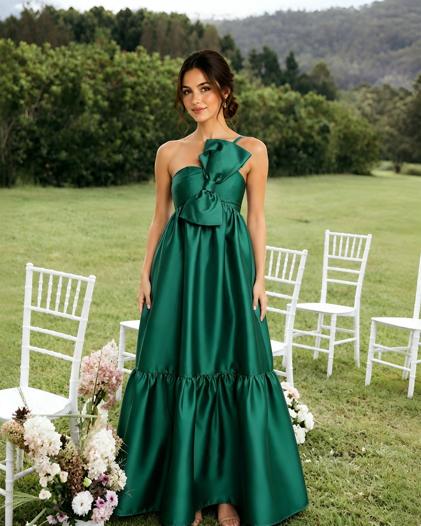 One-Shoulder Satin A-Line Bridesmaid Dress with Statement Ruffle