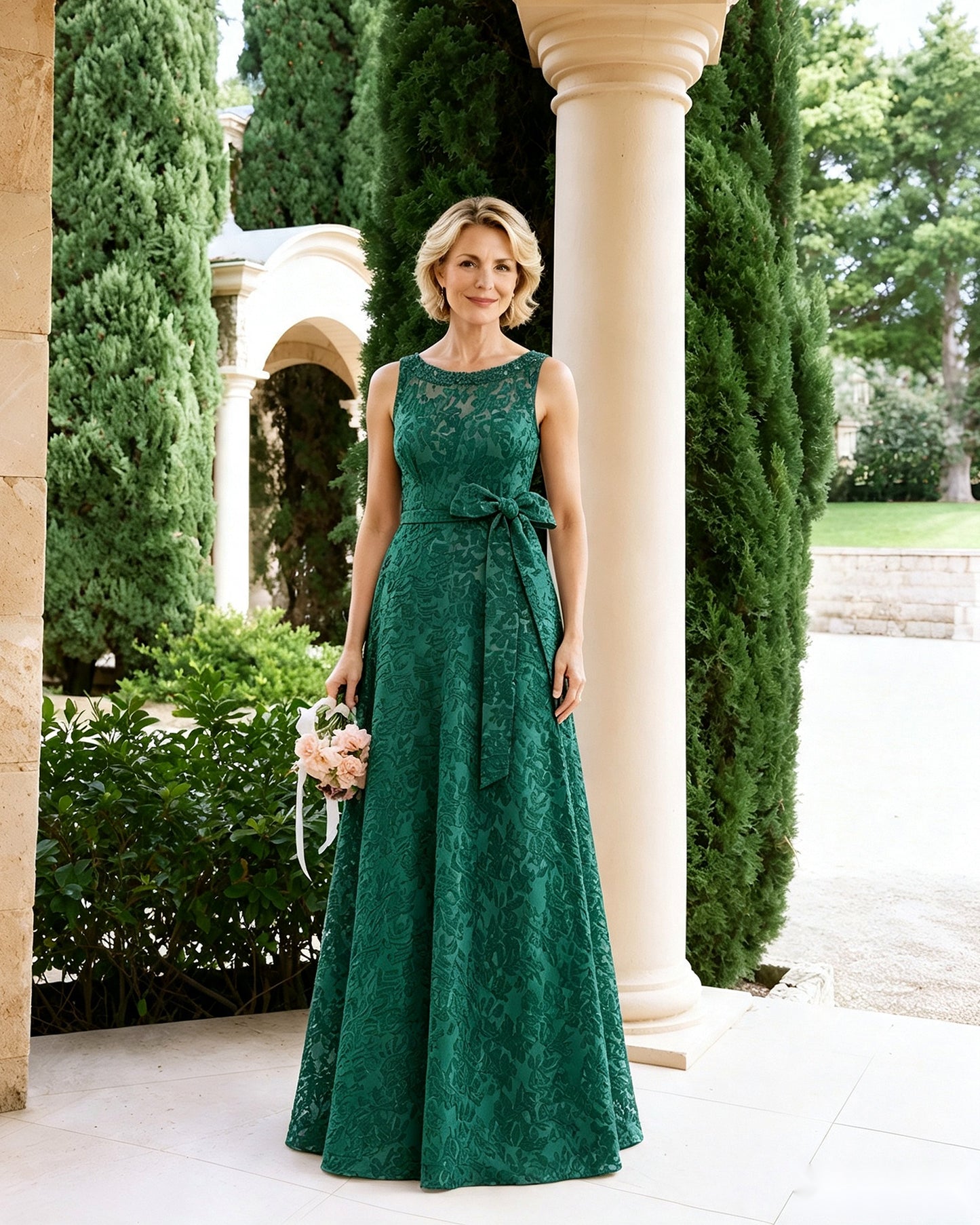 Sleeveless Lace A-Line Mother of the Bride Dress with Sash Bow