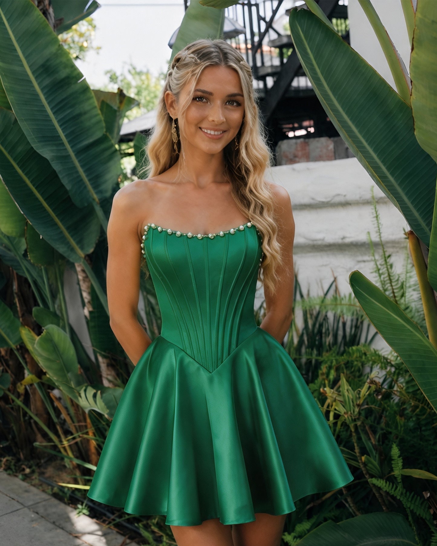Strapless Pearl Trim Satin Corset Homecoming Dress