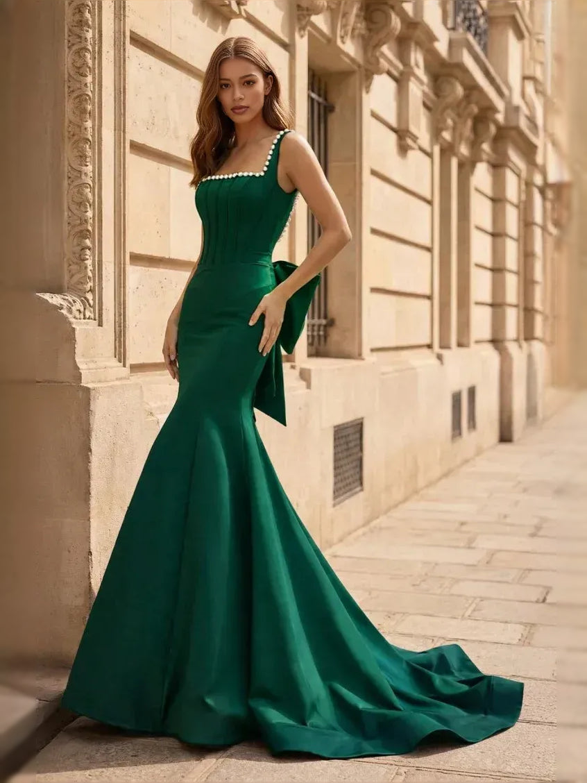 Corset Bow Square Neck Mermaid Floor-Length Satin Prom Dress for Special Occasion