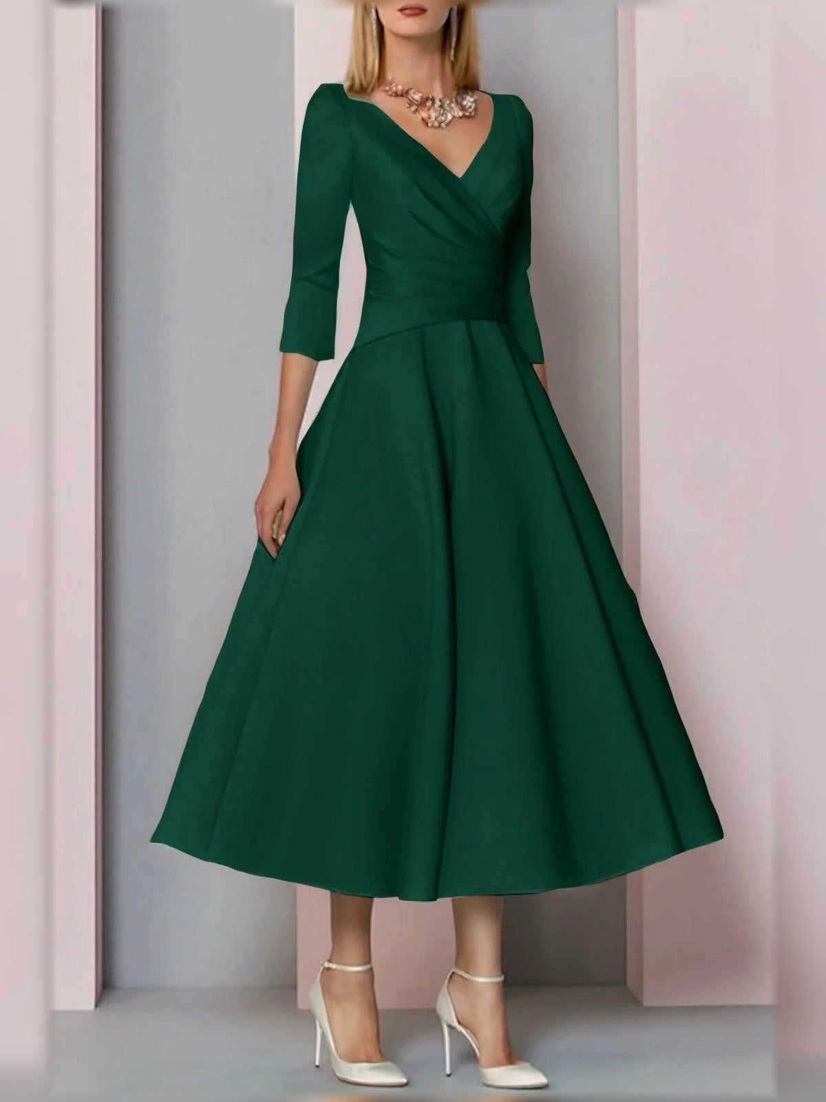 Ruched V Neck A-Line Midi Satin Mother of the Bride Dress for Formal Reception