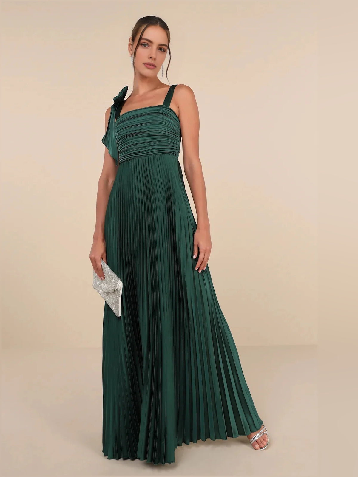 Ruched Pleated Square Neck A-Line Maxi Satin Bridesmaid Dress for Garden Wedding