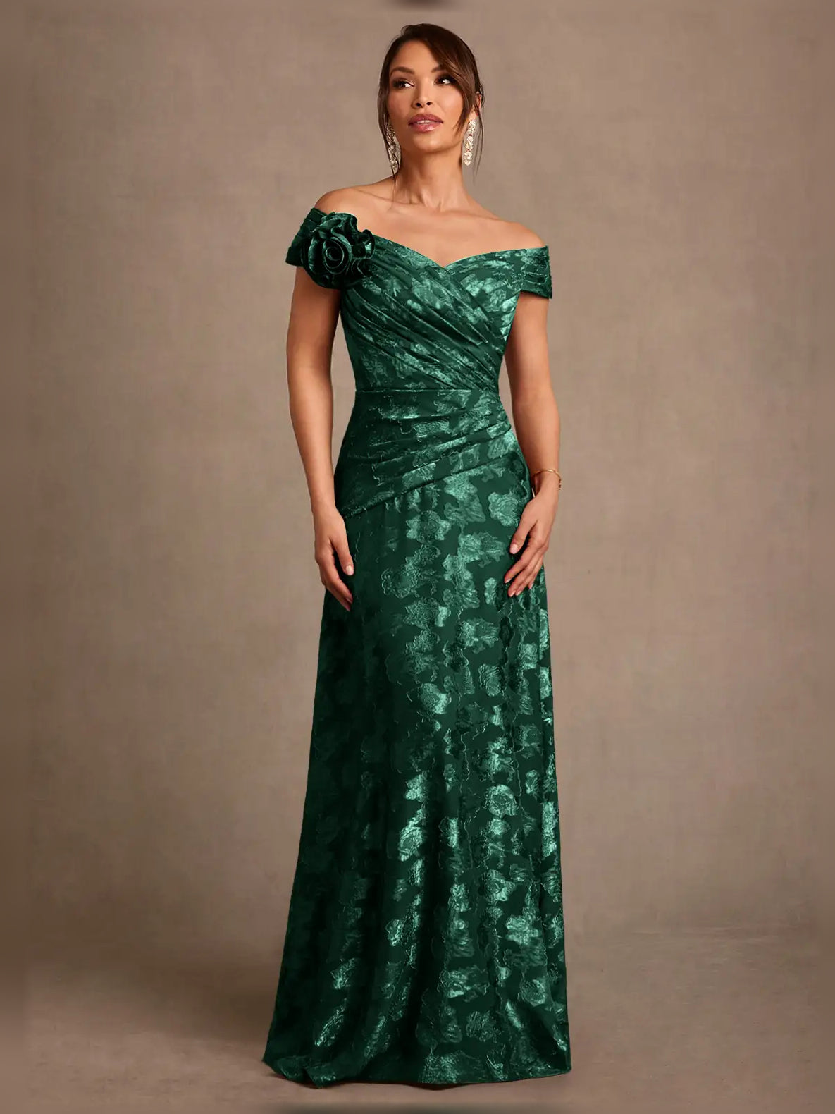 Ruched Rosette Floral Off Shoulder A-Line Maxi Mother of the Bride Dress for Wedding Banquet