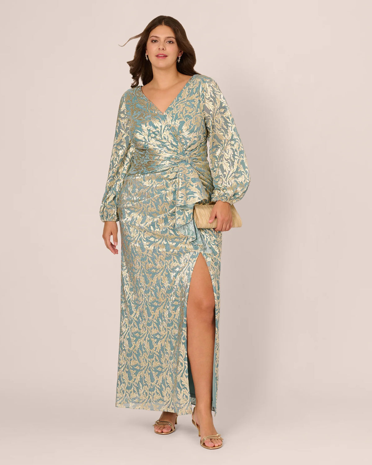 Draped Long-Sleeve A-Line Maxi Mother of the Bride Dress for Gala Dinner