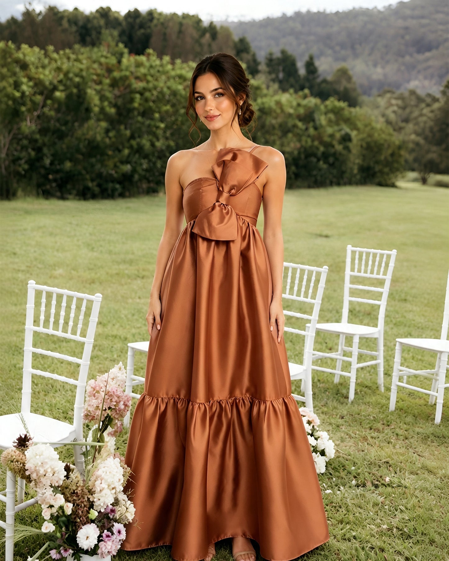 One-Shoulder Satin A-Line Bridesmaid Dress with Statement Ruffle