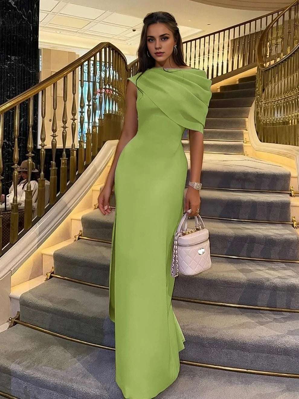 Draped Slit One Shoulder Sheath Maxi Satin Prom Dress for Evening Event