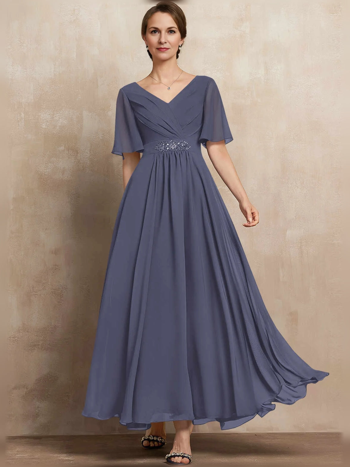 Pleated Beaded V Neck A-Line Maxi Chiffon Mother of the Bride Dress for Ceremony Dinner